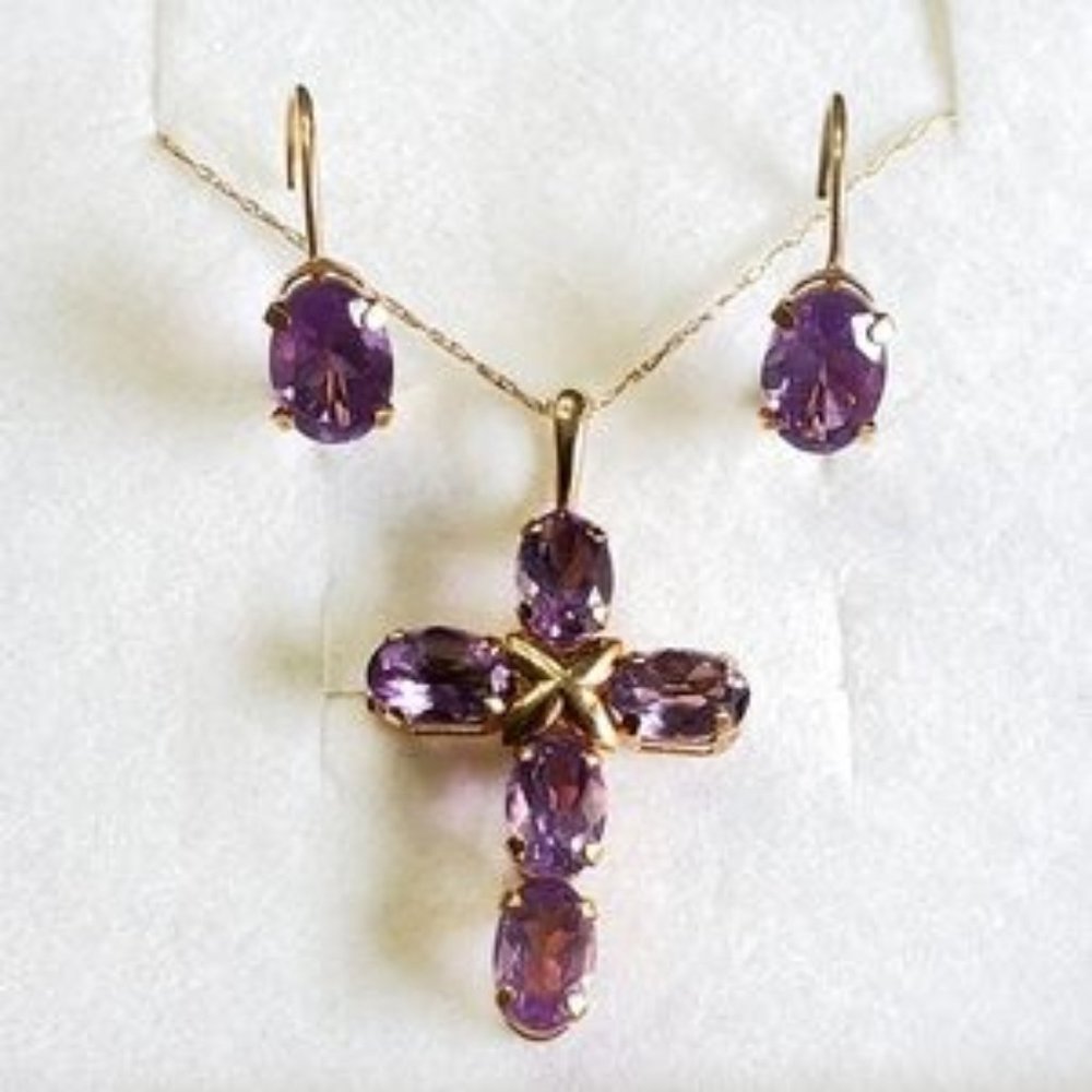 FIRM! 10K Amethyst Cross Pendant Necklace & Leverback Earrings